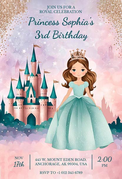 Princess-Themed 3rd Birthday Party Invitation with Sparkling Royal Touches