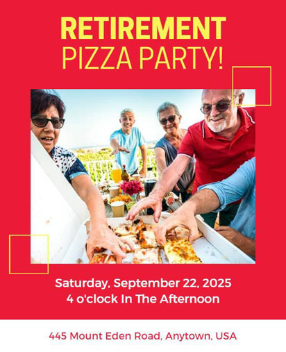 Red and White Retirement Pizza Party Invitation Template with Bold and Fun Design
