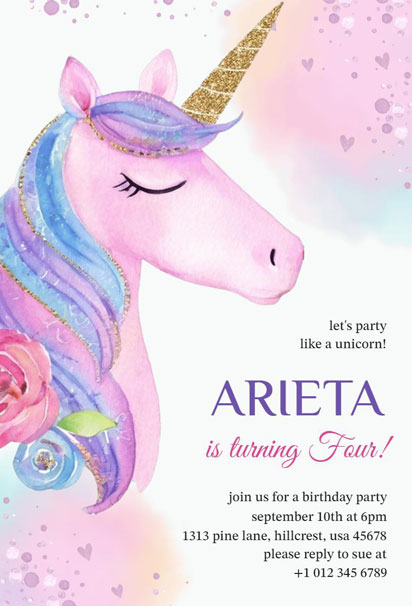 Unicorn-Themed Kids' 4th Birthday Party Invitation Design with Whimsical Elements