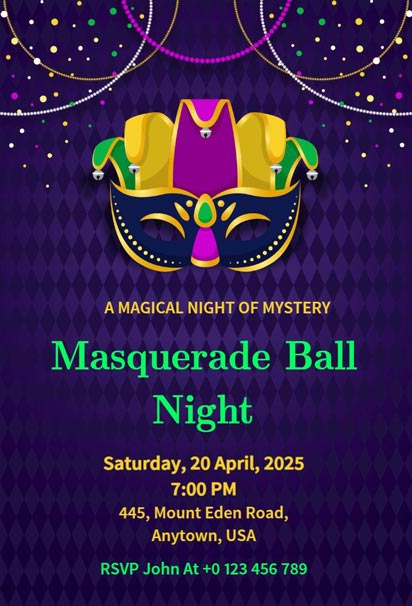 Violet and Violet Masquerade-Themed Portrait Invitation with Elegant and Mysterious Design