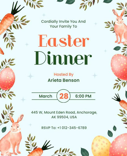 aster Dinner Invitation with Watercolor Carrots, Rabbits, and Easter Eggs