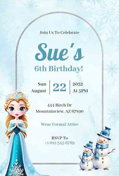White and Blue Snowflakes-Themed 6th Birthday Invitation with Winter Charm
