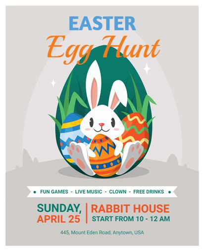 Easter Egg Hunt Poster with White Rabbit, Colorful Eggs, and Event Details