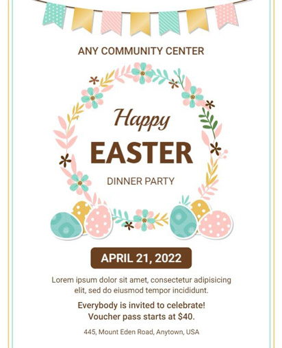 Easter Dinner Party Flyer with Floral Wreath and Event Details