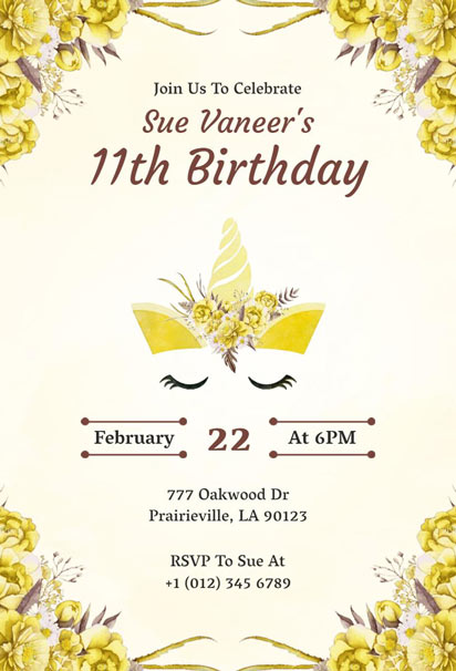 Yellow Flower Unicorn 11th Birthday Invitation Design with Whimsical and Floral Accents