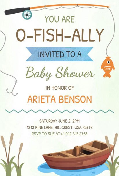 Fishing-themed RSVP invitation template for a baby shower