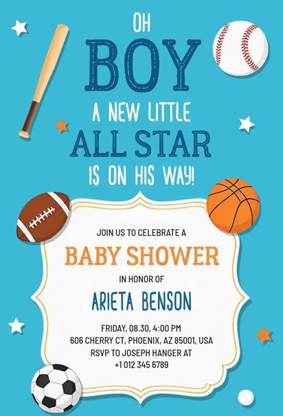Sports-themed RSVP invitation template for a baby shower