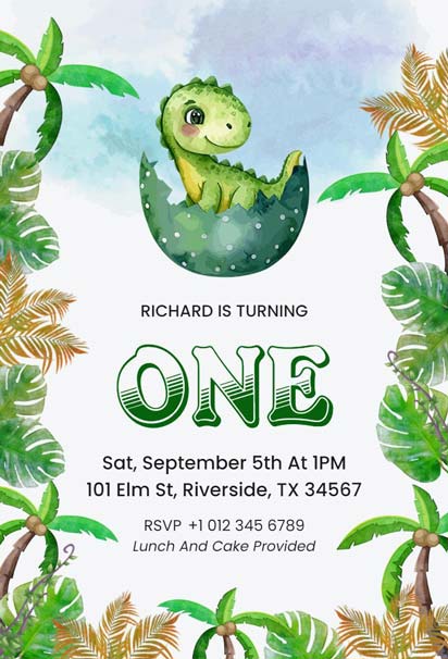 Tropical Dinosaur Theme 1st Birthday RSVP Invitation Design