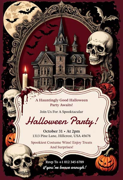 Vintage Halloween Party RSVP Invitation Featuring Skulls and Pumpkins