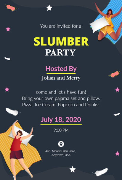 Dark Slumber Party Invitation Template with Playful Pajama Illustrations