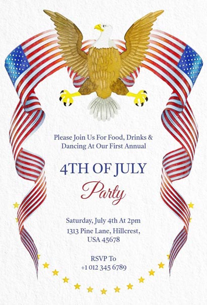 Flag Flowing and Eagle Theme 4th of July Party Invitation Template