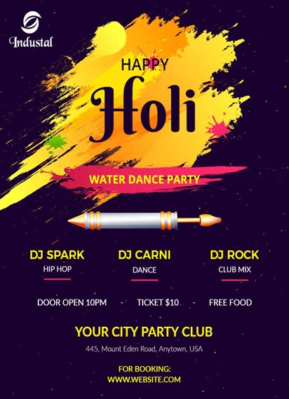 Purple and Yellow Gradient Holi Invitation Template for Holi Party