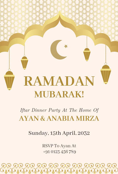 Luxurious Ramadan Invitation Card Featuring Hanging Lanterns & Moon