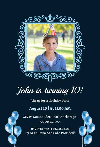 Navy Blue Balloon 10th Birthday Party Invitation Template with Photo