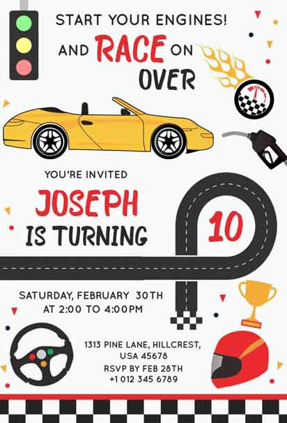 Race Cars 10th Birthday Party Invitation Template featuring exciting race car designs 