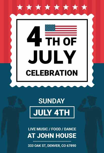 4th of July Celebration Invitation Design with Patriotic Colors and Festive Fireworks Elements