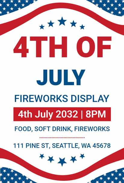 4th of July Invitation Design with Bold Patriotic Colors and Festive Fireworks Elements