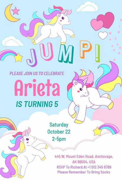 Blue and White 5th Birthday Unicorn Jump Party Invitation Template featuring vibrant colors and whimsical unicorn designs