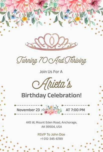 Princess Crown 70th Birthday Celebration Invitation with a Regal and Elegant Design
