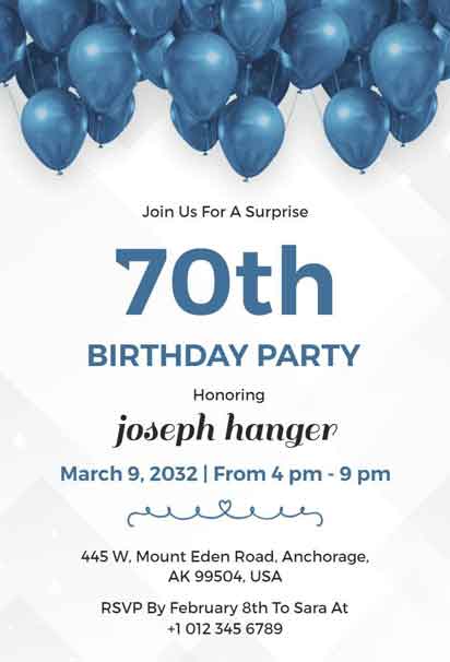 Blue Balloons 70th Birthday Invitation with a Festive and Cheerful Design