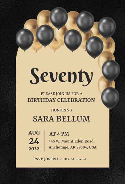 Black and Golden Balloons 70th Birthday Invitation with a Timeless and Elegant Design