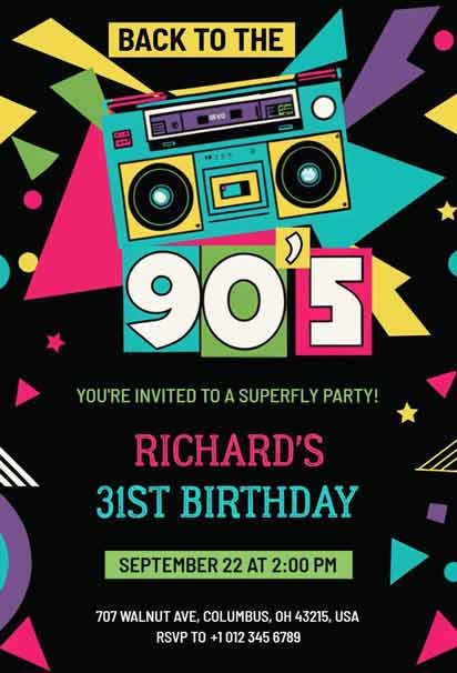 90s-Themed 31st Birthday Celebration Invitation with a Retro and Vibrant Design