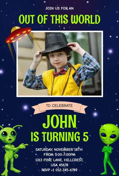 Alien-Themed 5th Space Birthday Party Invitation Template with playful aliens and vibrant space elements