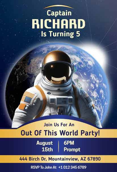 Realistic Astronaut Space Birthday Invitation Template featuring a detailed astronaut in space with planets
