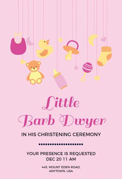 Elegant Azalea Christening Pink Invitation Template with Simple background