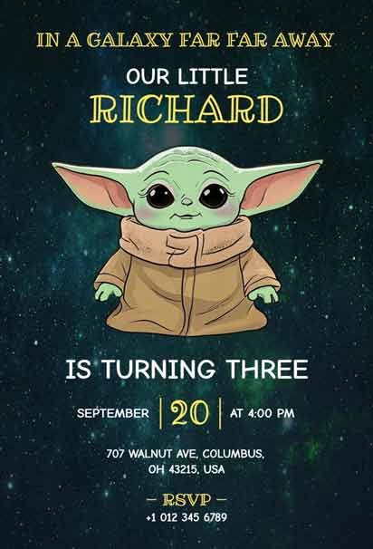 Baby Yoda Galaxy-Themed Child's 3rd Birthday Invitation Template with a fun outer space and character design