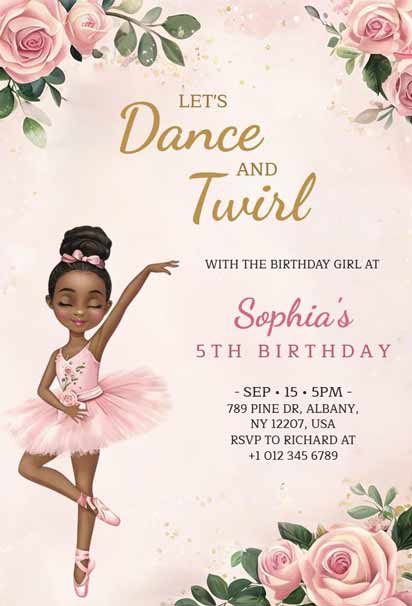 Ballerina-Themed 5th Princess Birthday Party Invitation Template with elegant ballet-inspired design