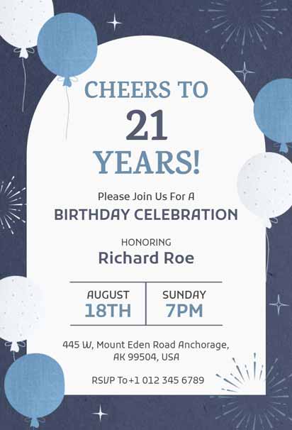 Balloon-Style Boy's 21st Birthday Invitation with a Fun and Cheerful Design