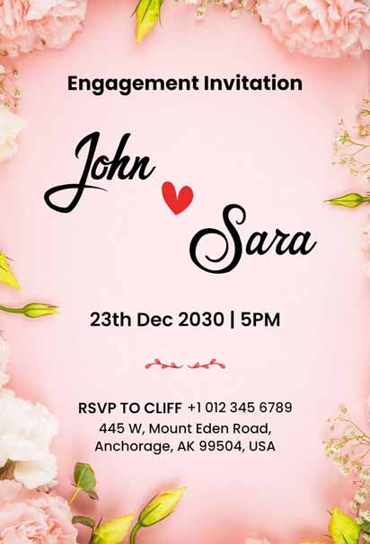 Beautiful Floral Background Engagement Pink Invitation Template with delicate flowers