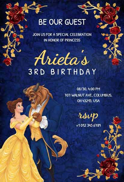 Beauty and Beast 3rd Princess Birthday Invitation Template with elegant designs