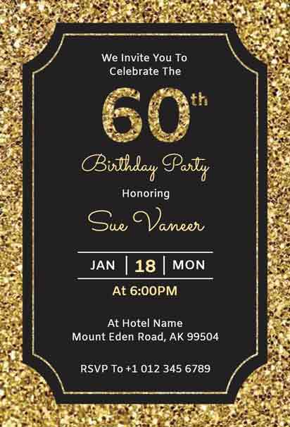 Black and Gold Glitter 60th Birthday Invitation with a Glamorous and Elegant Design
