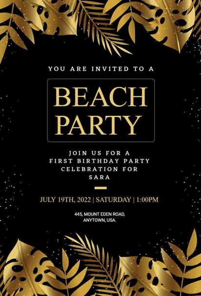 Black and Golden Beach Birthday Invitation Template, perfect for a sophisticated beach-themed celebration