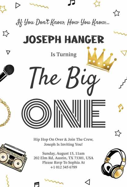 Black and White One-Year-Old Hip-Hop 1st Birthday Bash Invitation with Urban Style and Bold Graphics