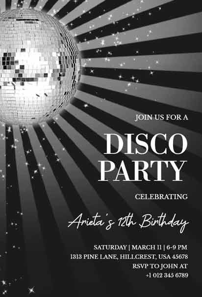 Black and White Retro Disco 12th Birthday Party Invitation with Funky Fonts and Groovy Elements