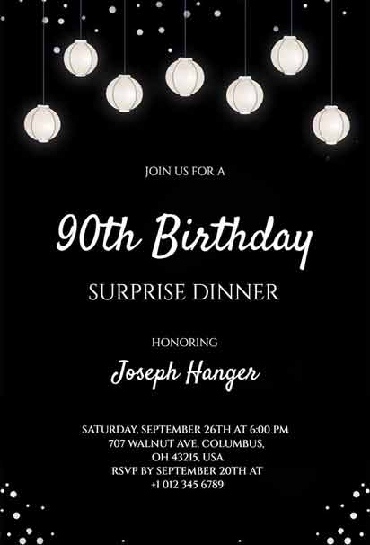 Black and White Surprise 90th Birthday Dinner Invitation with Elegant Layout and Classic Accents