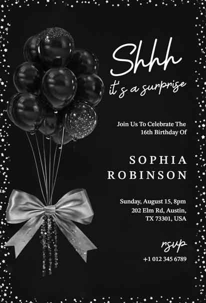 Black and White Surprise Sweet Sixteen Birthday Celebration Invitation with Chic Design and Stylish Typography