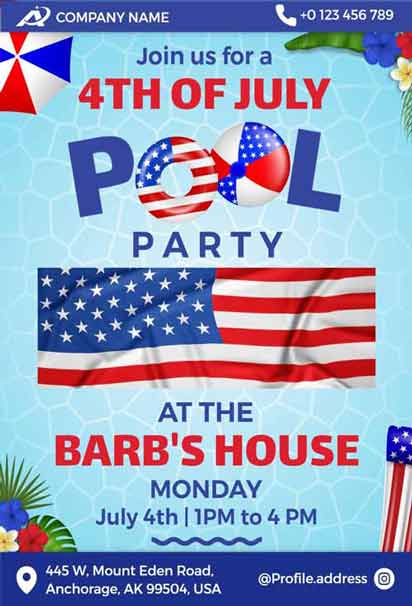 Blizzard Blue and Chambray Pool Party 4th of July Invitation Design with Cool Tones and Festive Illustrations