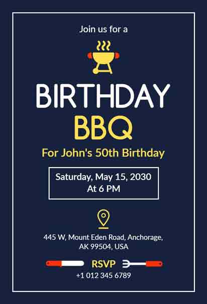 Blue and Yellow BBQ 50th Birthday Party Invitation with a Fun and Festive Design