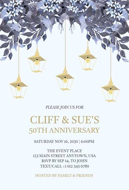 Elegant 50th Anniversary Invitation With Blue Floral Accents and Golden Lantern Decorative Elements