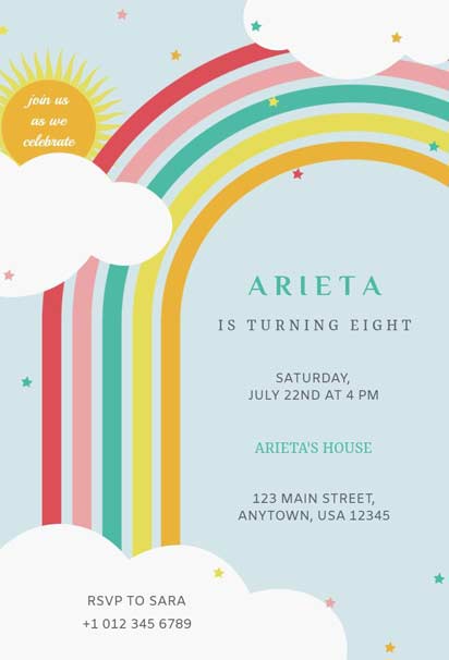 Blue Sky and Cloud 8th Rainbow Birthday Celebration Invitation Template with Playful Design
