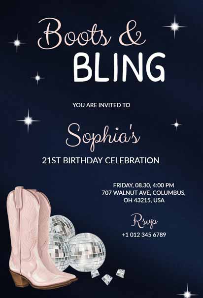 Boots and Bling 21st Birthday Celebration Invitation with a Glamorous and Western-Inspired Design