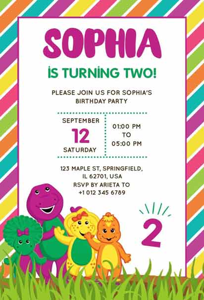 Bright Barney-Themed Kids 2nd Birthday Invitation Template featuring vibrant colors and playful designs