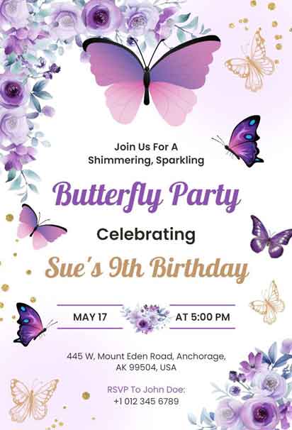 Butterfly-Themed 9th Purple Birthday Invitation Template for a Whimsical Celebration