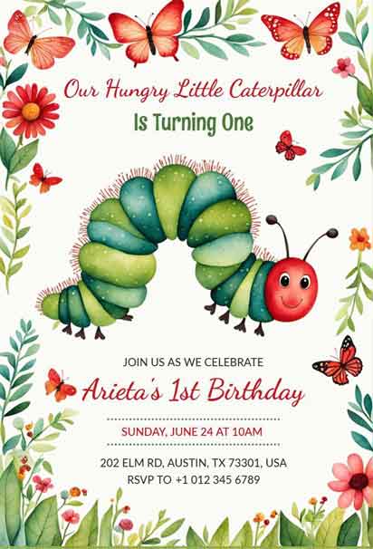 Caterpillar Theme Butterfly First Birthday Invitation Template with Whimsical Garden Delight