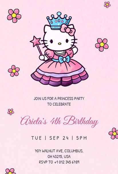 Charming Kitty Princess 4th Birthday Invitation Template for Kids Featuring Cute Pink and Crown Elements