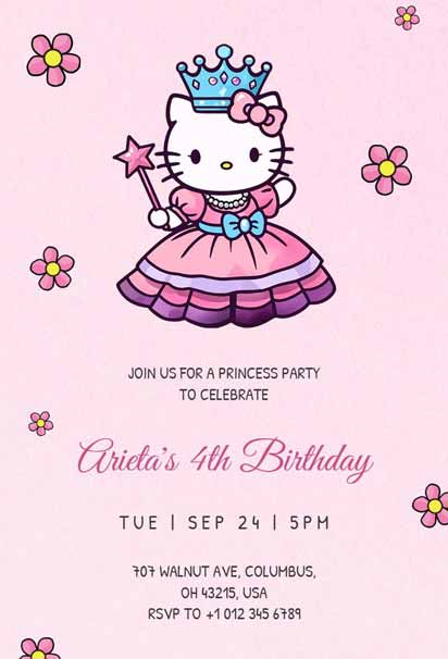 Charming Kitty Princess Birthday Pink Invitation Template featuring adorable cat illustrations